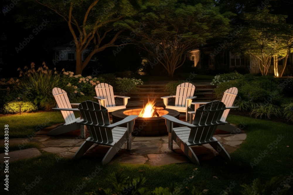 Comfortable six chair fireplace pit. Garden outdoor. Generate Ai Comfortable six chair fireplace pit. Garden outdoor. Generate Ai