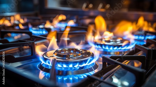 Modern kitchen stove cook with blue flames burning Close-up Natural Gas Stove Burner Appliance with Blue Flame Fire kitchen home concept photo
