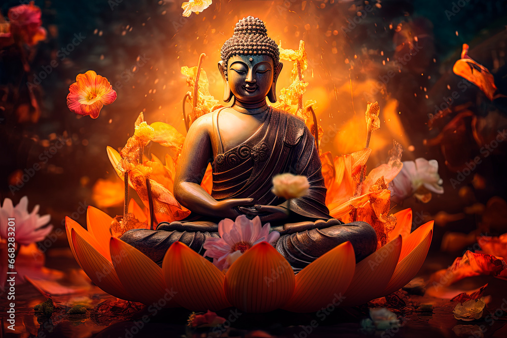A buddha statue sitting on top of a glowing lotus flower. Generative AI 