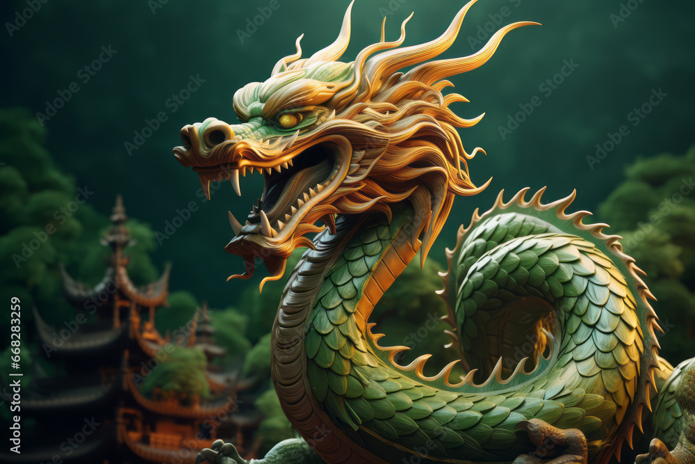 Fototapeta premium Wooden green dragon. The symbol of the new year 2024.