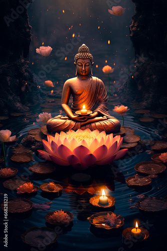 A buddha statue sitting on top of a glowing lotus flower. Generative AI 