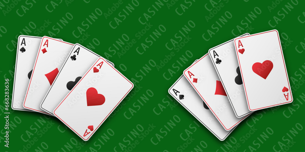 Aces with the suit of hearts, clubs, diamonds and spades. A two fan of hand playing cards. Vetor illustration. Casino concept. Black playing table. Aces with the suit of hearts, clubs, diamonds and spades. A two fan of hand playing cards. Vetor illustration. Casino concept. Black playing table.