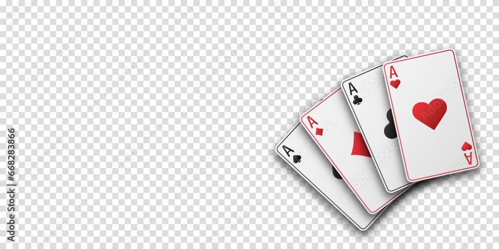 Obraz premium Fan of hand playing cards. Four aces with the suit of hearts, clubs, diamonds and spades. Vetor illustration. Poker or casino concept. Transparent background.