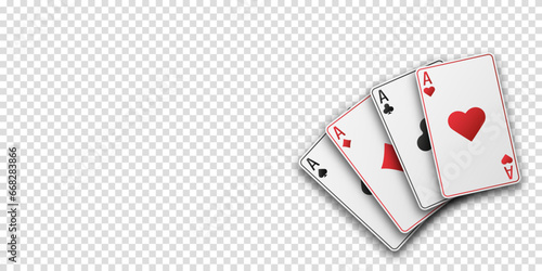 Fan of hand playing cards. Four aces with the suit of hearts, clubs, diamonds and spades. Vetor illustration. Poker or casino concept. Transparent background.