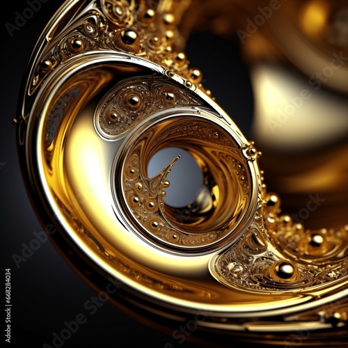 floating liquid metal, surreal golden fractal detail, metallic shiny curved gold ornament