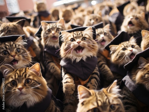 humanoid cats wearing graduation gawns at a university graduation © OLKS_AI