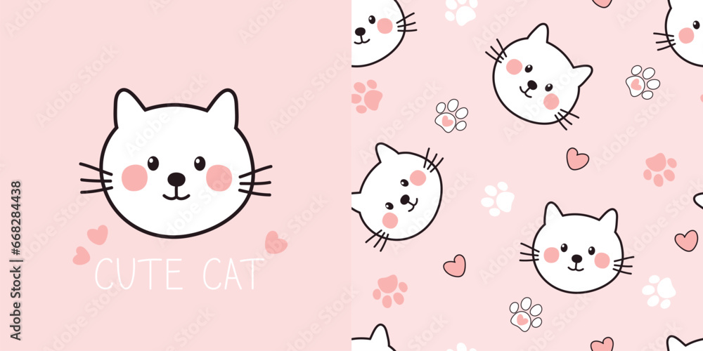 Cute cat card and seamless pattern. Children background with cats, paw prints and hearts. Vector illustration. It can be used for wallpapers, wrapping, cards, patterns for clothing and others.