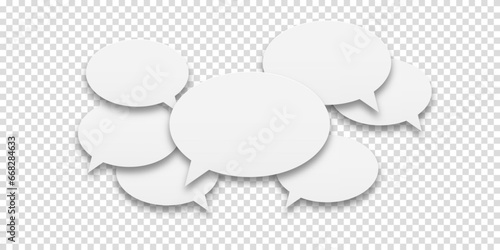 Concept of human communication. Set of speech bubbles icons. White speech bubbles on a tranpsrent background. Communication between people, a kind of active conversation. Vector illustration.