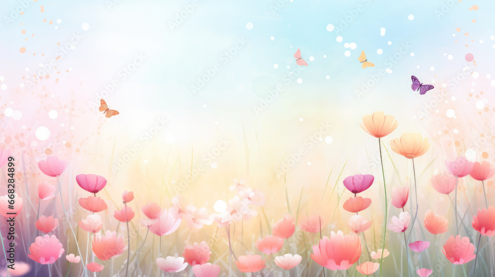 Obraz premium Watercolor springtime background with colorful illustrated flowers at the bottom, room for copyspace at top