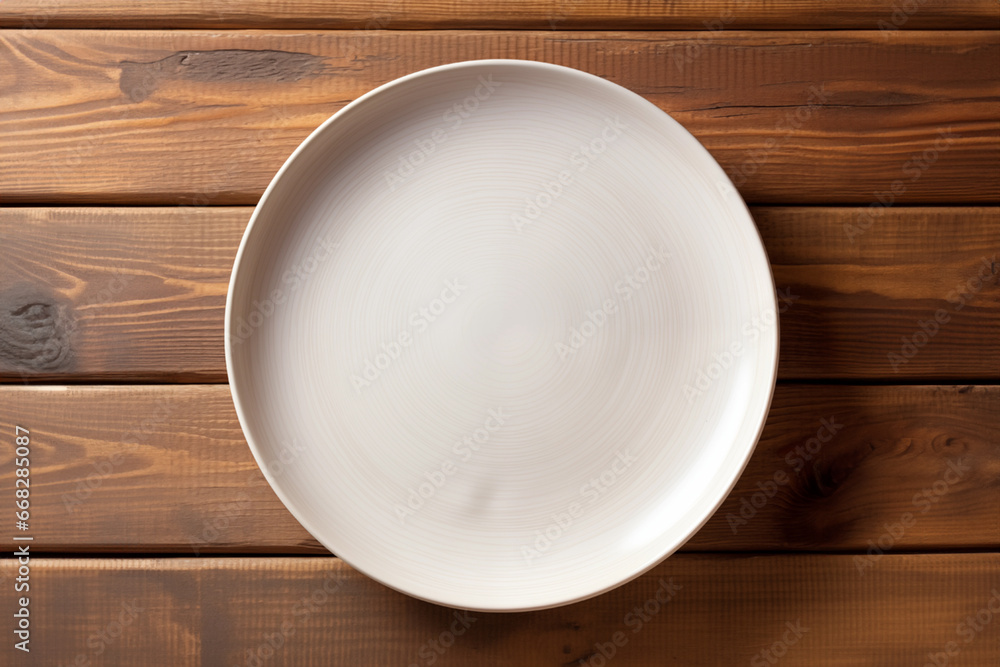 Top view of an empty artistic ceramic Glazed earthenware white fancy shape plate, golden cutlery on side, leave on a scandinavian wooden background Top view of an empty artistic ceramic Glazed earthenware white fancy shape plate, golden cutlery on side, leave on a scandinavian wooden background