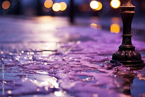 streetlamp’s purple glow reflecting on icy pavement