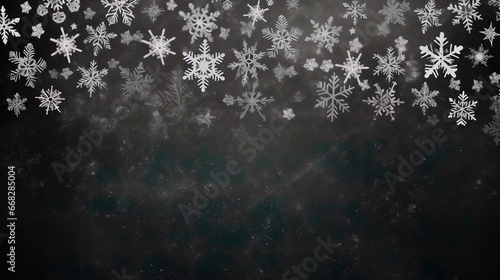 Blackboard with white chalk snowflakes. Paper texture with uneven scratches for the design of retro vintage banner, background. Dirt and dust Christmas, winter card. New Year, holiday greetings