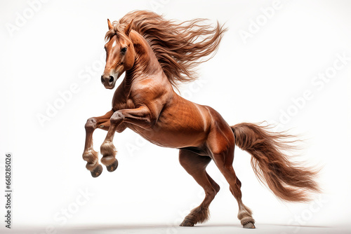 Horse isolated on a white background rearing. Animal left side portrait.