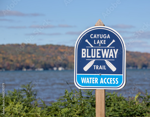 cayuga lake blueway trail water access sign in public park (finger lakes region of upstate new york) travel, tourism, ny state (ithaca hiking path near water, bay) photo