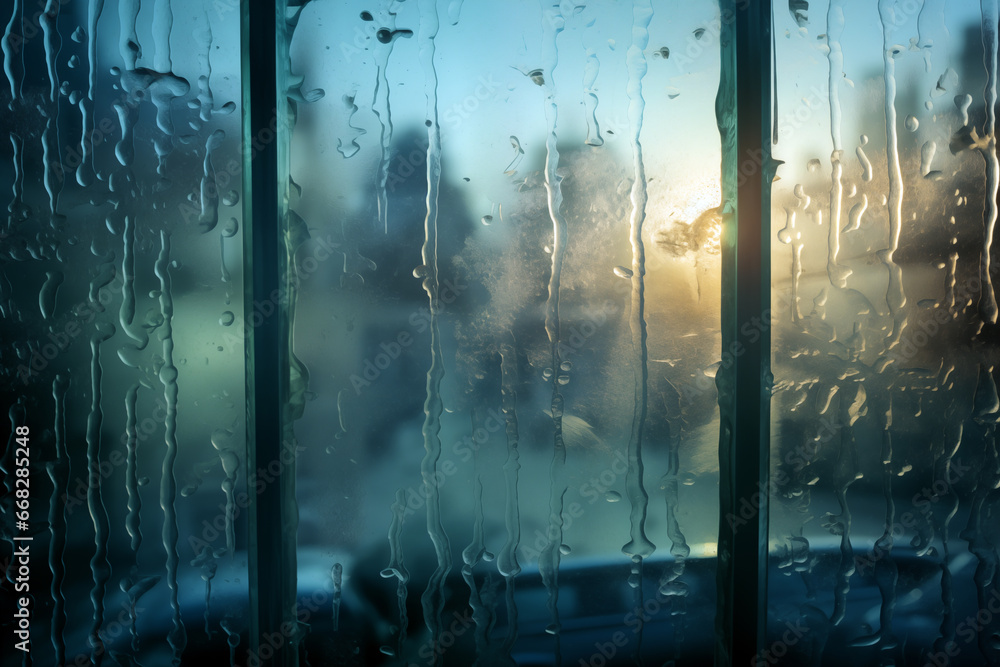 window with streaks of water from rain showcasing the glow of bustling street life