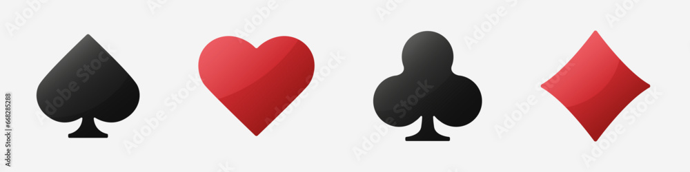 Glossy playing card suit symbols. Vector illustration card signs on isolated white background. Hearts diamonds clubs spades sign realistic chips.