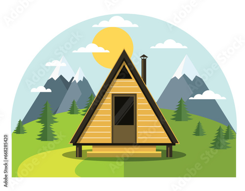 Holiday in the mountains, a-frame house on lawn, small cabin, front view, vector