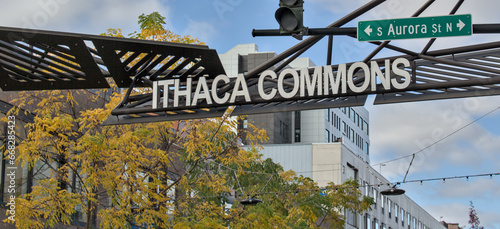 ithaca commons sign at entrance to public pedestrian path downtown (finger lakes upstate new york) urban infrastructure, public space, walking biking, no cars, shops, restaurants