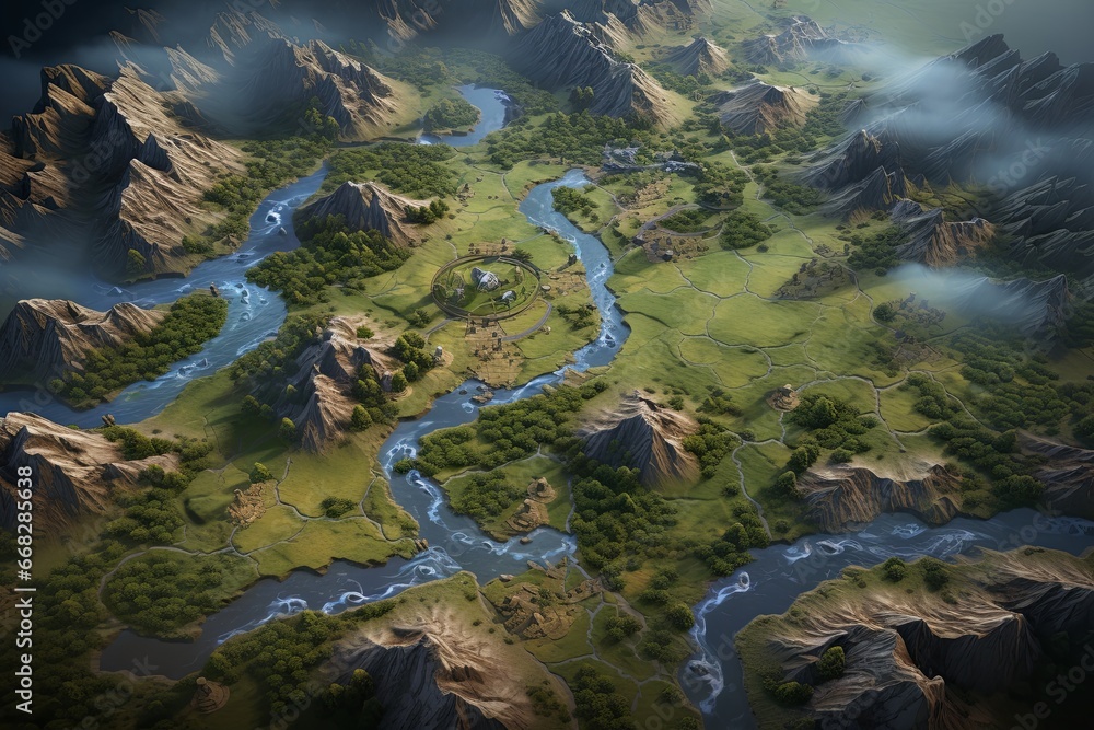 Top Down RTS Fantasy Game Board Setting Generative Rendering Illustration Top Down RTS Fantasy Game Board Setting Generative Rendering Illustration