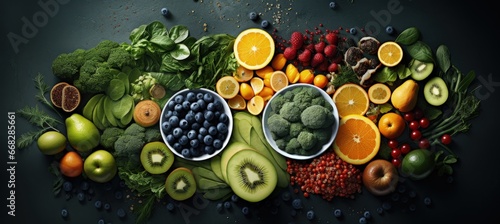 various fresh fruits along with other healthy foods, in the style of indigo and gray, light green and bronze, wiccan, dark green and yellow, grit and grain, aerial view, solarizing master