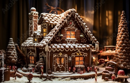 Festive Gingerbread house winter. Home decoration. Generate Ai