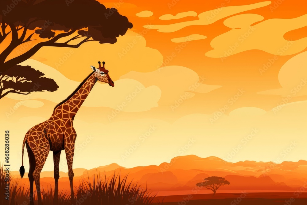 Sunlit Giraffe african savanna tree. Nature park. Generate Ai