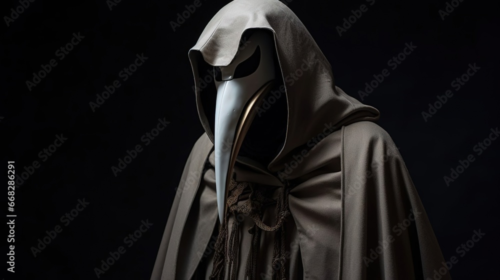 A mysterious figure emerges from the shadows, wearing a long cloak and a face mask similar to that of a medieval plague doctor. Created using Generative AI technology. A mysterious figure emerges from the shadows, wearing a long cloak and a face mask similar to that of a medieval plague doctor. Created using Generative AI technology.