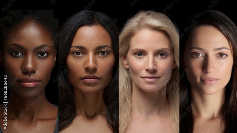 Faces of beautiful women in 3D of different ethnicities and ages on black background in high resolution