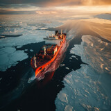 navire brise glace qui emprunte de nouvelle route maritime par le Nord à travers les glaces