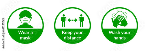 Set of Round Coronavirus Covid-19 Instruction Sticker Icons including Wear a Mask, Keep Your Distance and Wash Your Hands. Vector Image.