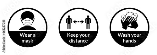 Set of Round Coronavirus Covid-19 Instruction Sticker Icons including Wear a Mask, Keep Your Distance and Wash Your Hands. Vector Image.