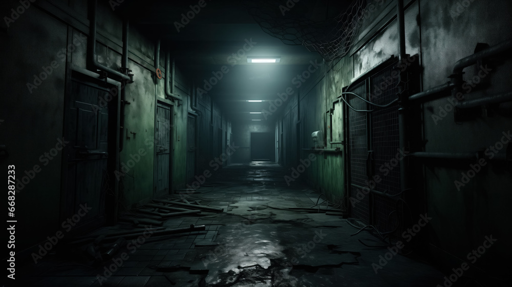 Eerie hallway with dim lighting. Eerie hallway with dim lighting.