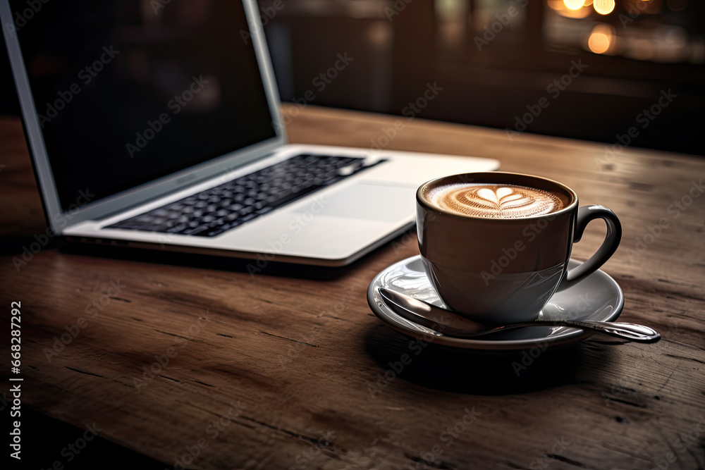 Dark background with a laptop with a blank screen and latte art coffee. Generative AI Dark background with a laptop with a blank screen and latte art coffee. Generative AI