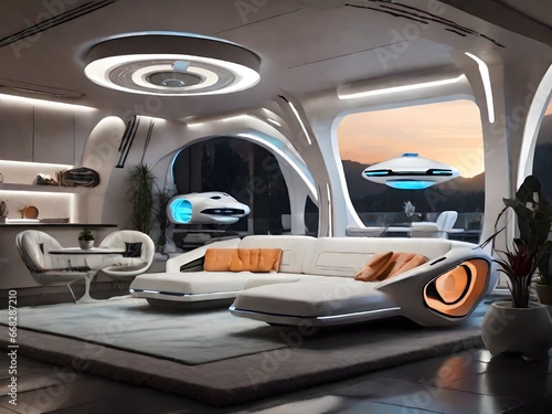 Living Room with window showing flying cars 