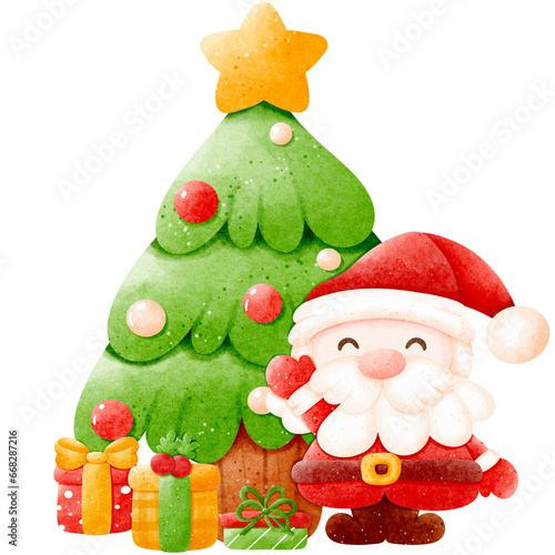 Watercolor Santa claus with gifts and Christmas tree illustration 