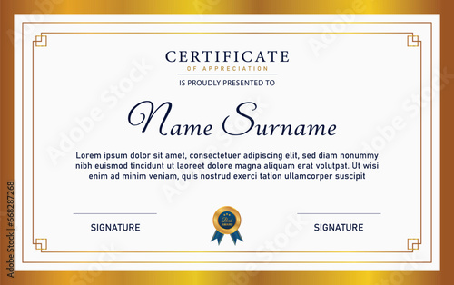 gold Certificate of achievement template set with gold badge and border. Award diploma design blank. Vector Illustration