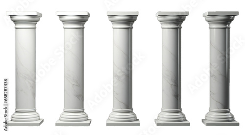 Five white color Ancient marble pillars on the transparent background. photo