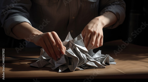 Hands assembling intricate origami structure.