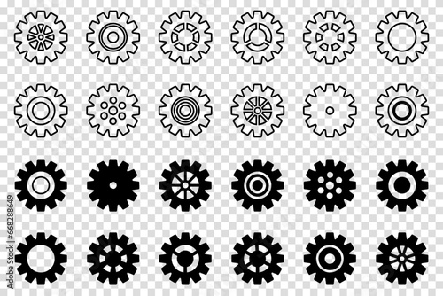 Gears icon set. Setting gears icon. Collection of mechanical cogwheels. Vector illustration with black silhouettes sprocket icons or signs design element. Transparent isolated background.