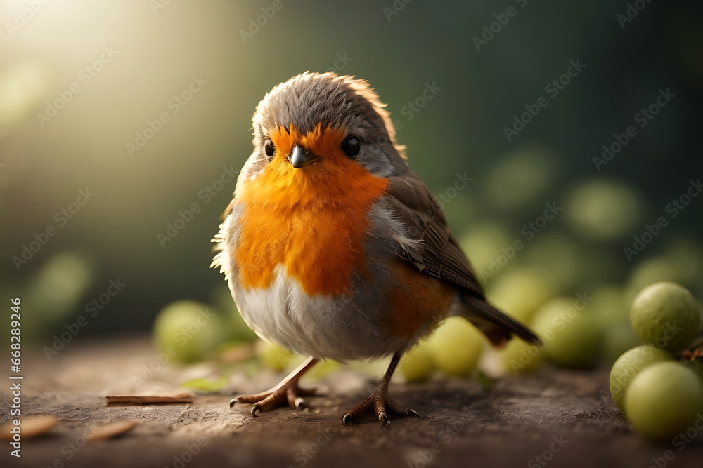 European Robin perched on branch, green berries in background. European Robin perched on branch, green berries in background.