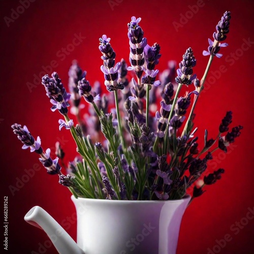 bouquet of flowers in a pot, cafe macro closeup shot of bouquet lavender plant flowers on red background --s 750 --style raw