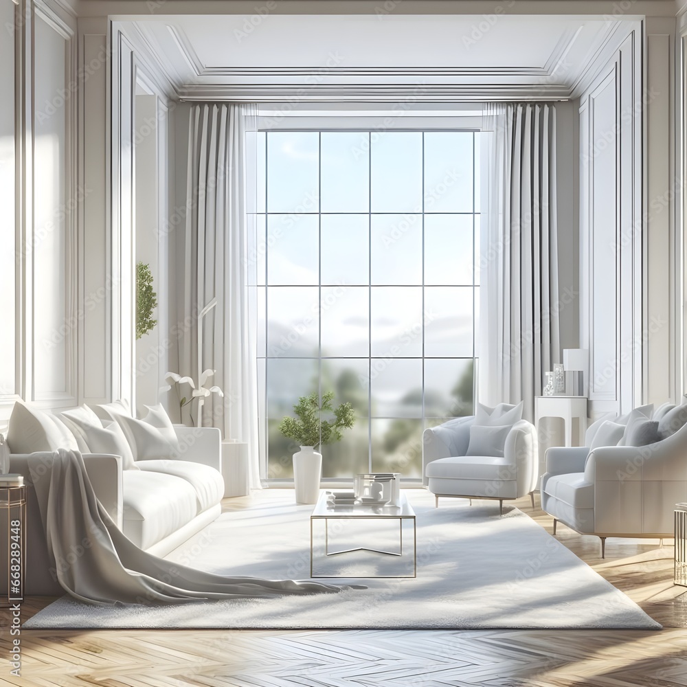 Imagine a living room with a sleek white sofa and armchairs, perfectly complemented by a big window that floods the space with natural light Imagine a living room with a sleek white sofa and armchairs, perfectly complemented by a big window that floods the space with natural light