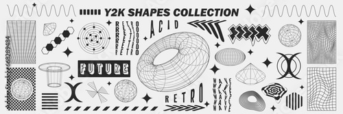 Abstract geometry wireframe shapes and patterns, cyberpunk elements, signs and perspective grids. Surreal geometric retro signs. Rave psychedelic futuristic Y2k acid aesthetic set. Vector illustration