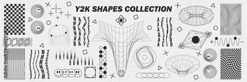 Abstract geometry wireframe shapes and patterns, cyberpunk elements, signs and perspective grids. Surreal geometric retro signs. Rave psychedelic futuristic Y2k acid aesthetic set. Vector illustration
