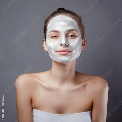 Close portrait of a smiling beautiful young woman with a clay mask on her face. Beauty and skincare procedure at home photo