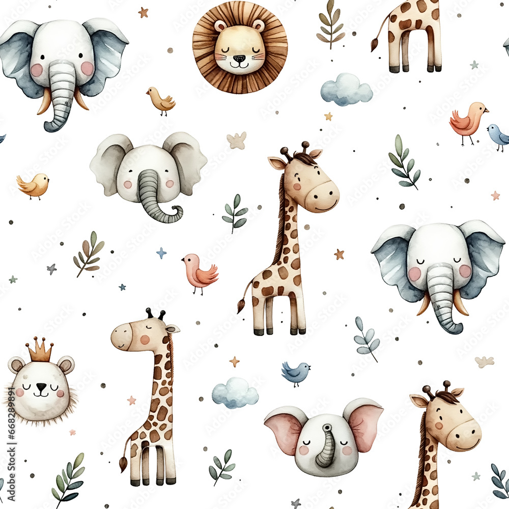 Fototapeta Watercolor childish seamless pattern with cute jungle animals: elephant, lion, giraffe and birds isolated on white background.