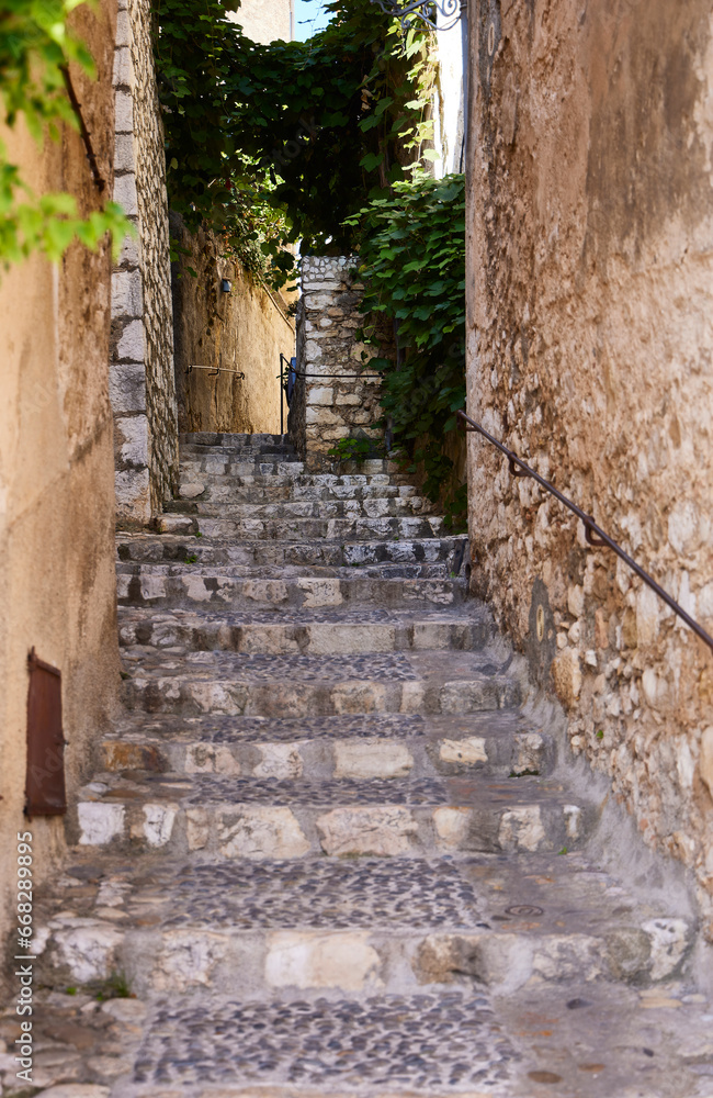 Saint Paul de Vence (France), October 10, 2023. Typical street of the town. This is one of the most beautiful towns in France. Intellectuals and artists resided there. 