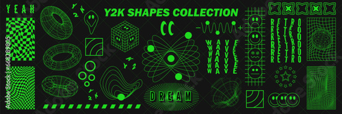 Abstract geometry wireframe shapes and patterns, cyberpunk elements, signs and perspective grids. Surreal geometric retro signs. Rave psychedelic futuristic Y2k acid aesthetic set. Vector illustration