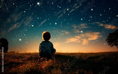 A happy amazed kid is sitting on the grass watching the sky full of stars