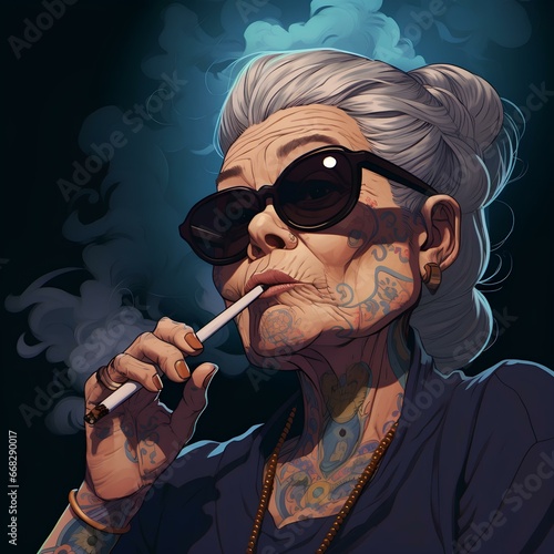a 90s anime old woman with tattoos on her body wearing round glasses like a gangster